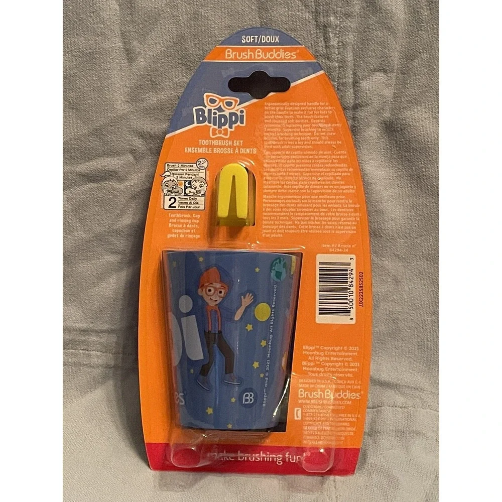 NEW Kid's Blippi Brush Buddies Soft Toothbrush, Cup,‎ Flossers, & Cap Set